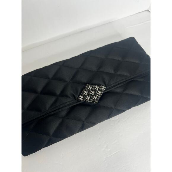 KATE LANDRY Black Clutch Quilted Vtg Purse Evening Folder Bag With Rhinestone - Picture 2 of 16